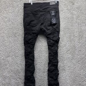Focus Mens 32x36 SUPER‎ Stretch Stacked Black Jeans Shredded Distressed Slim NWT